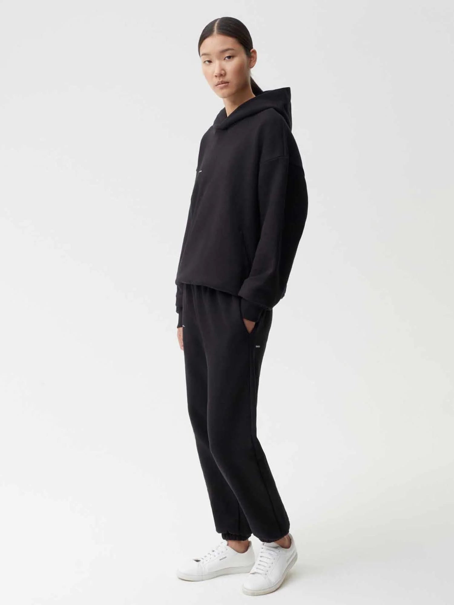 Heavyweight Recycled Cotton Hoodie Black Female Model