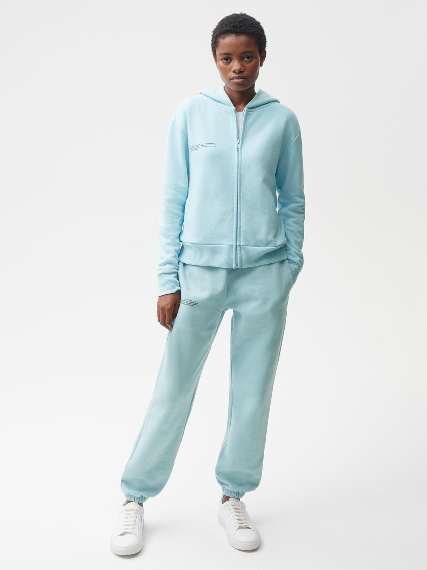 Lightweight Recycled Cotton Zipped Hoodie Celestial Blue Female Model