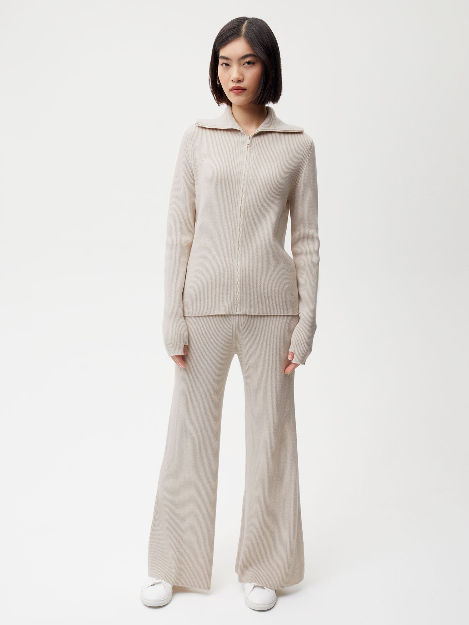 Recycled Cashmere Womens Rib Track Pants Oatmeal