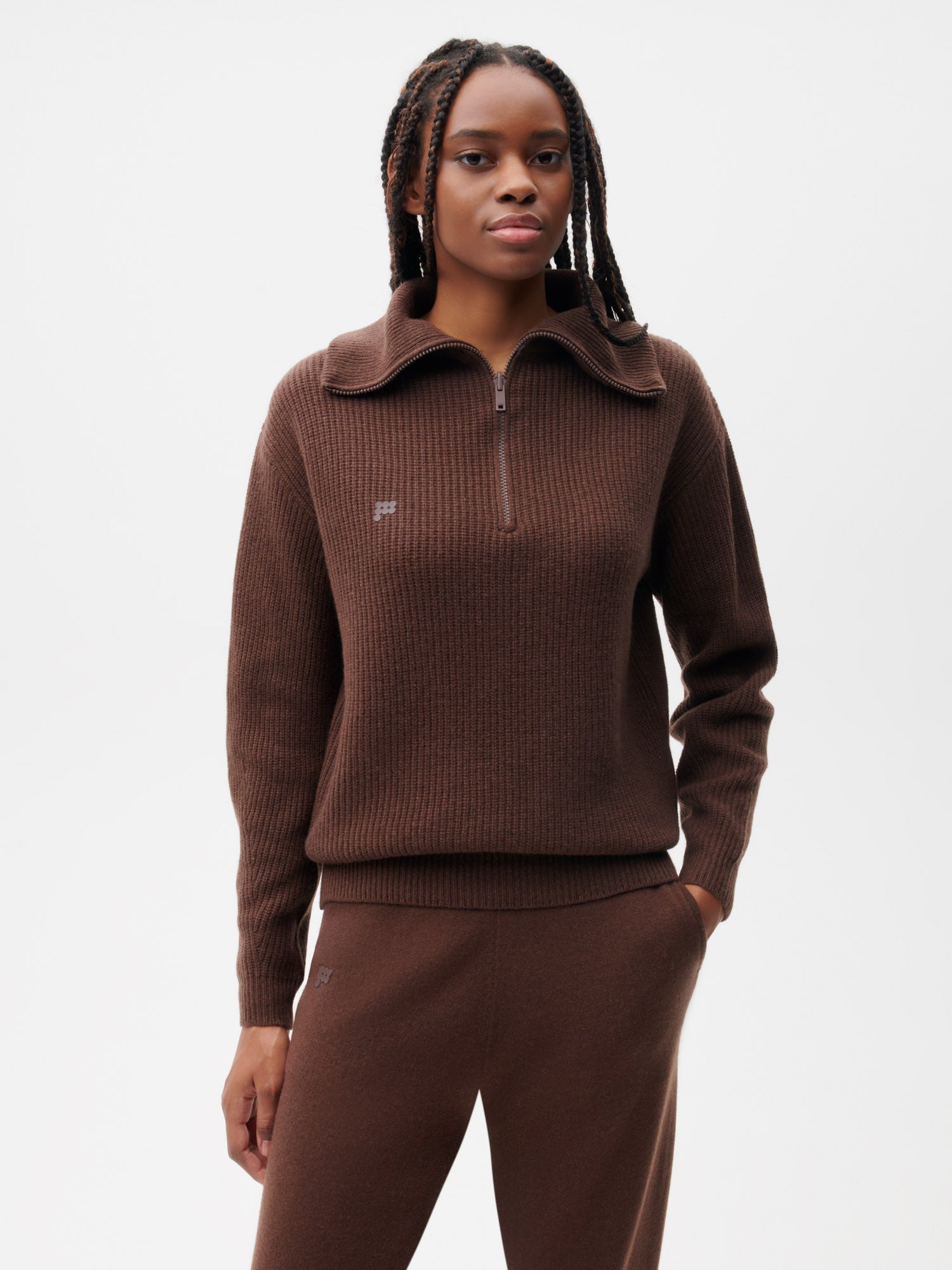 Recycled Cashmere Half Zip—chestnut brown female