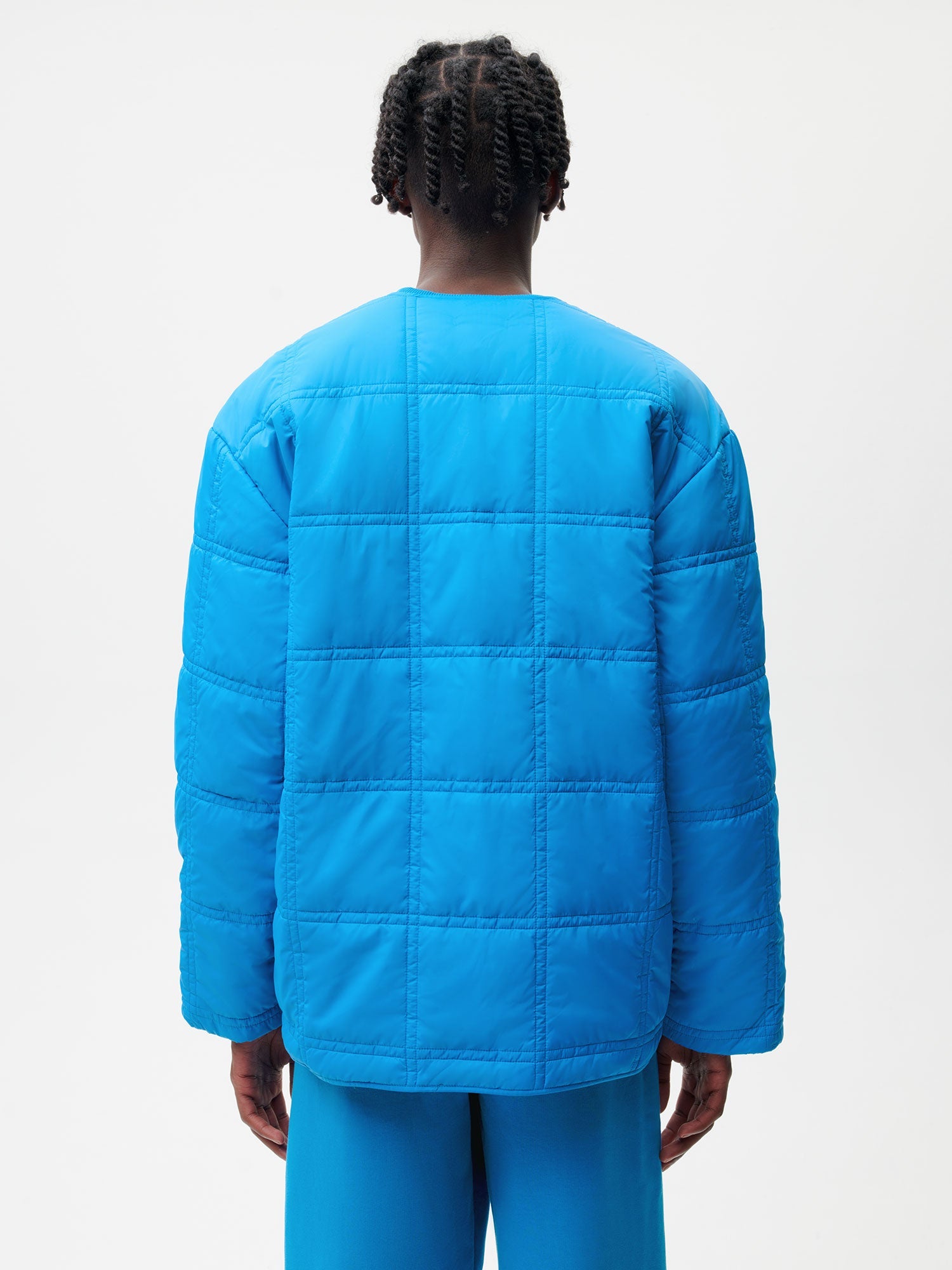 Recycled Nylon FLWRDWN Quilted Collarless Jacket—cerulean blue male