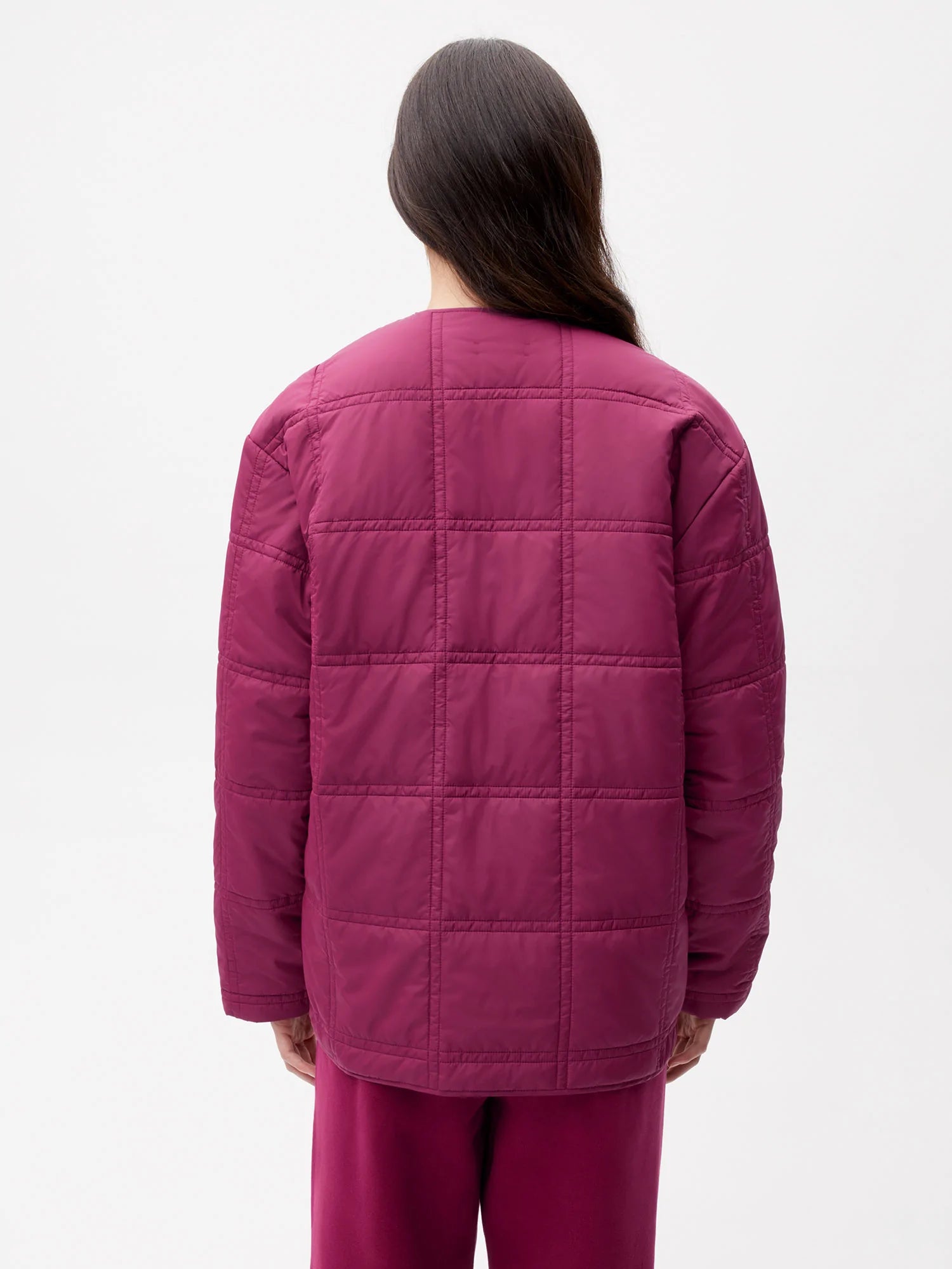 Recycled Nylon FLWRDWN Quilted Collarless Jacket—plum purple female-2